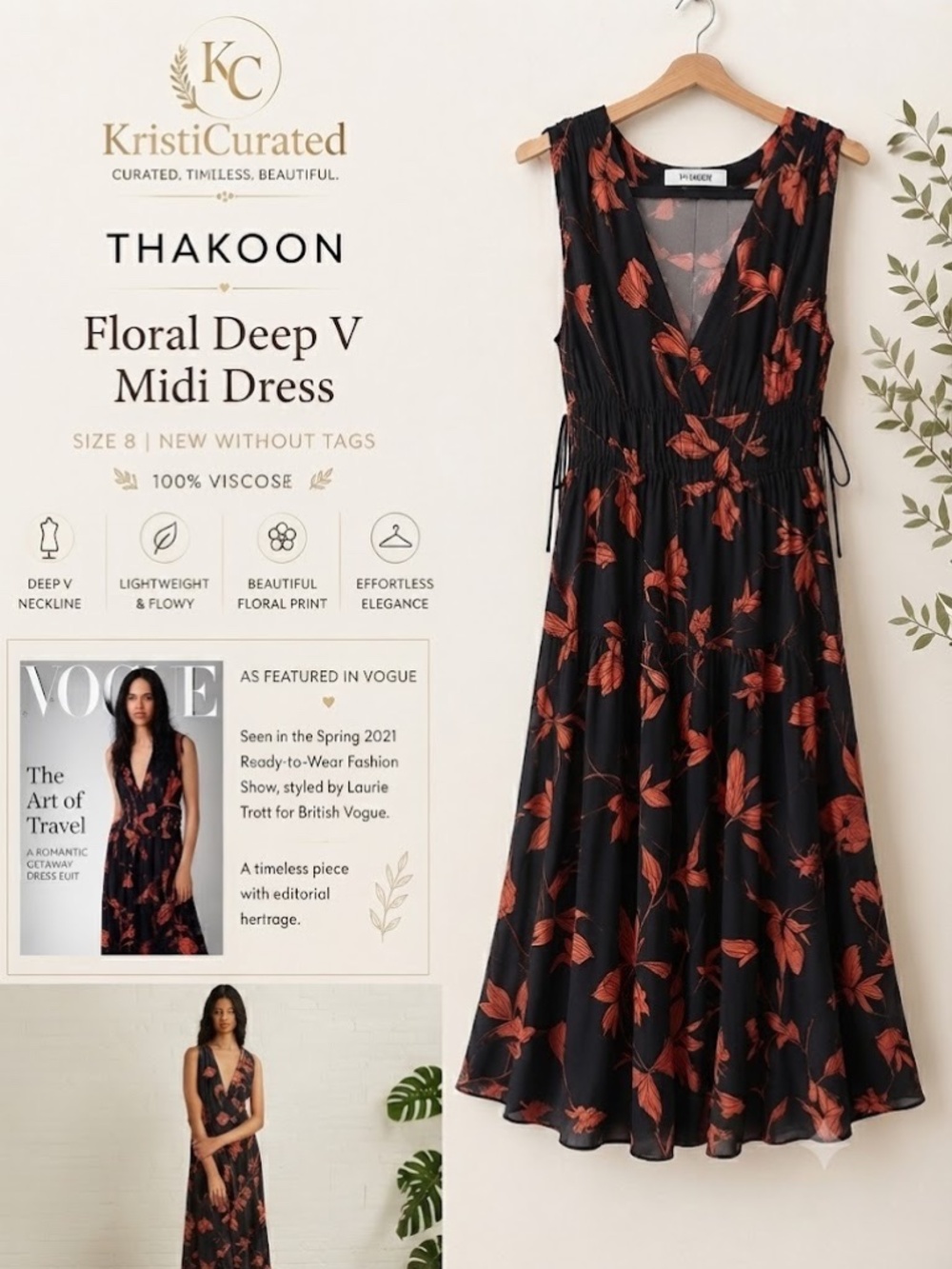 ๐ค Thakoon Floral Deep V Midi Dress Size 8 NWOT Vogue Featured Silk-Look Viscose - Picture 1 of 6